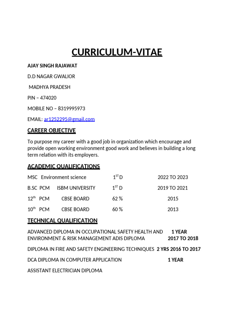 Ajay Singh Rajawat CV: EHS Officer | PDF | Safety