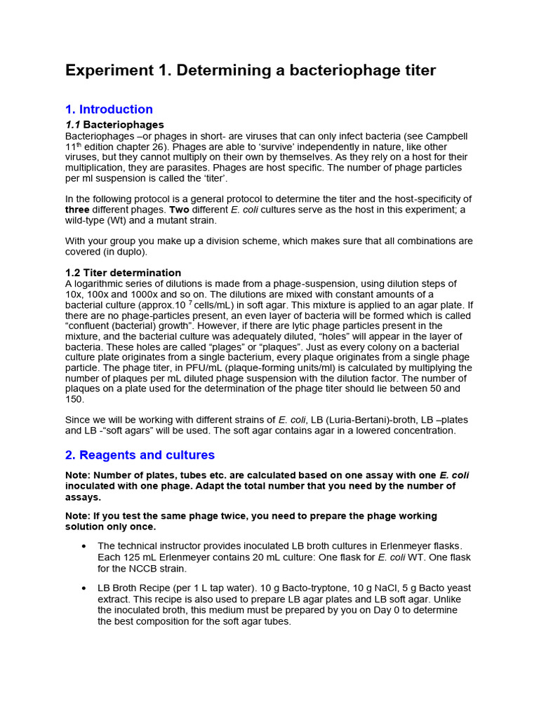 Bacteriophage Titer Determination Protocol | PDF | Bacteriophage | Agar
