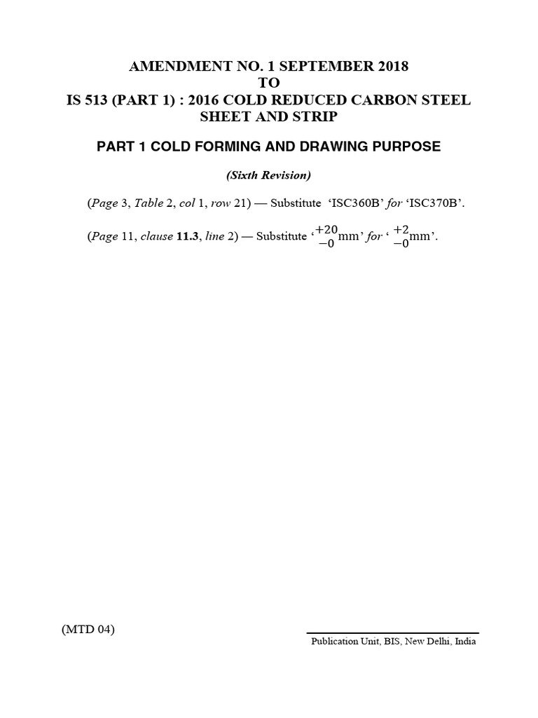 Amendment to IS 513:2016 Standards | PDF