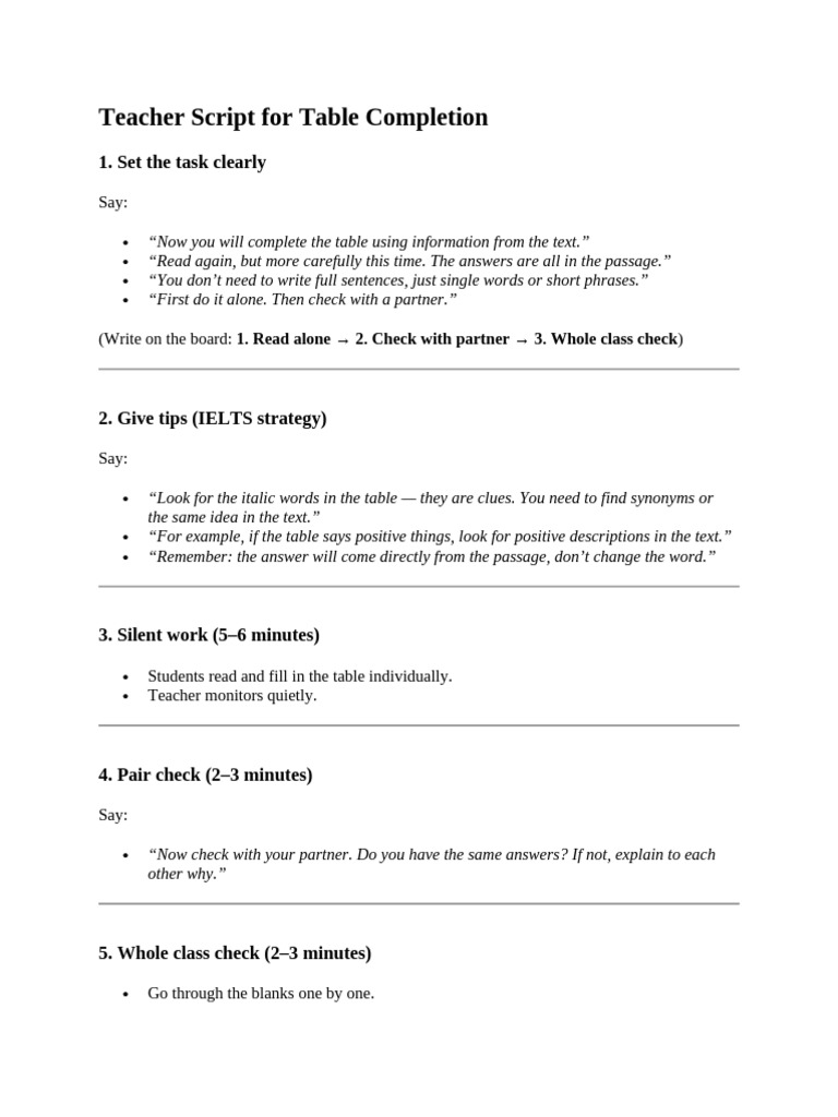 Teacher Guide for Table Completion Activity | PDF