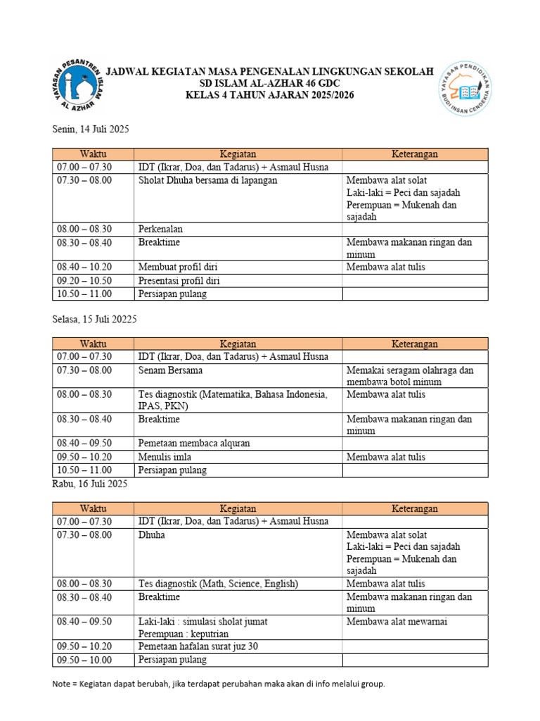Jadwal MPLS SD Islam Al-Azhar 46 | PDF