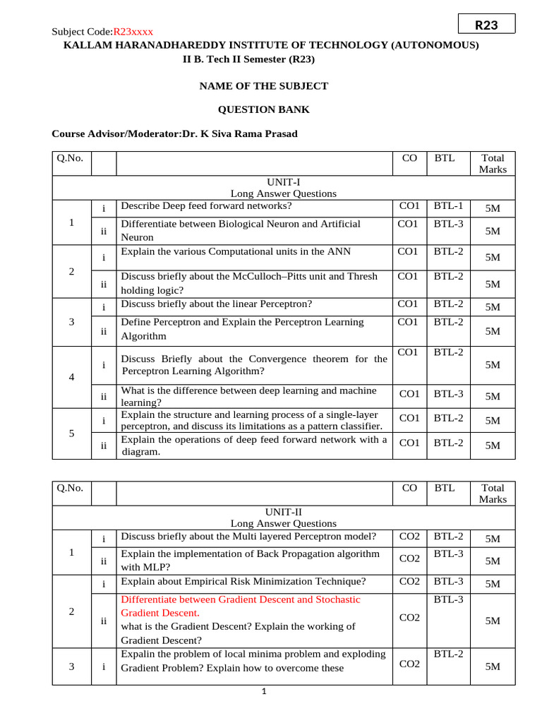 Deep Learning r23 Question Bank | PDF | Learning | Applied Mathematics