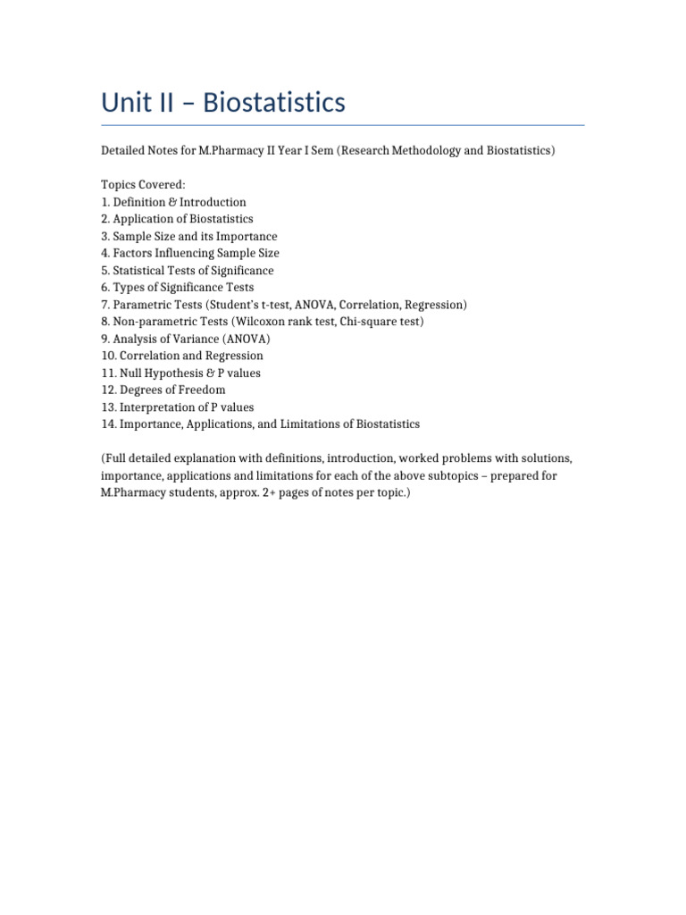 Biostatistics Notes for M.Pharm Unit II | PDF