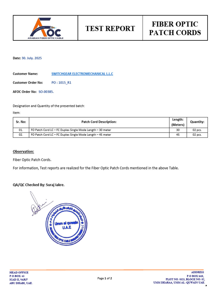 Fiber Optic Patch Cords Test Report | PDF | Optical Fiber ...