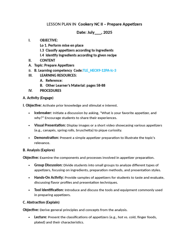 Lesson Plan In Appetizer Pdf Hors D Oeuvre Lesson Plan
