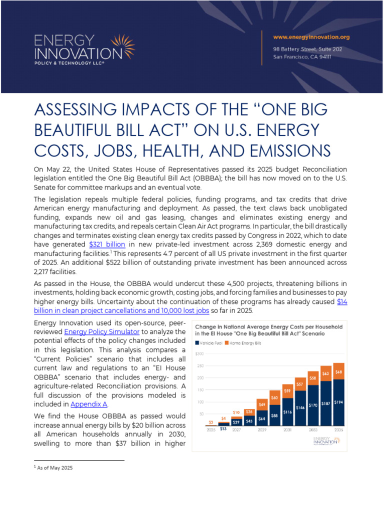 Impacts of The One Big Beautiful Bill On U.S. Energy Costs Jobs Health ...
