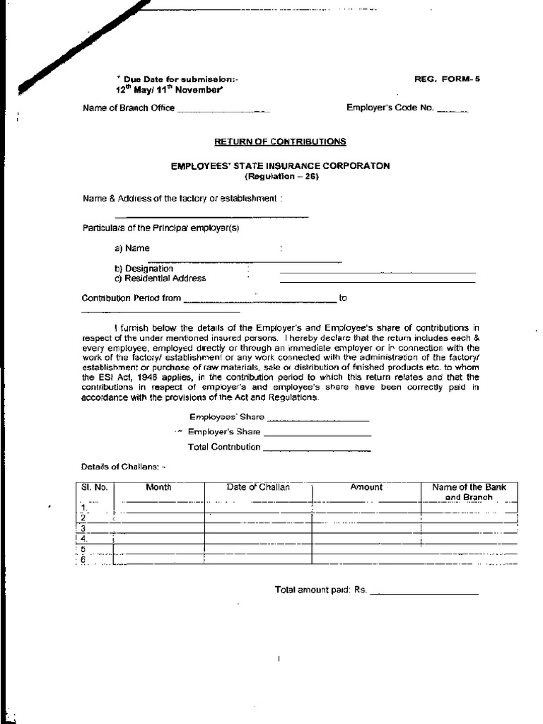ESI - Form 5 Return of Contributions | PDF