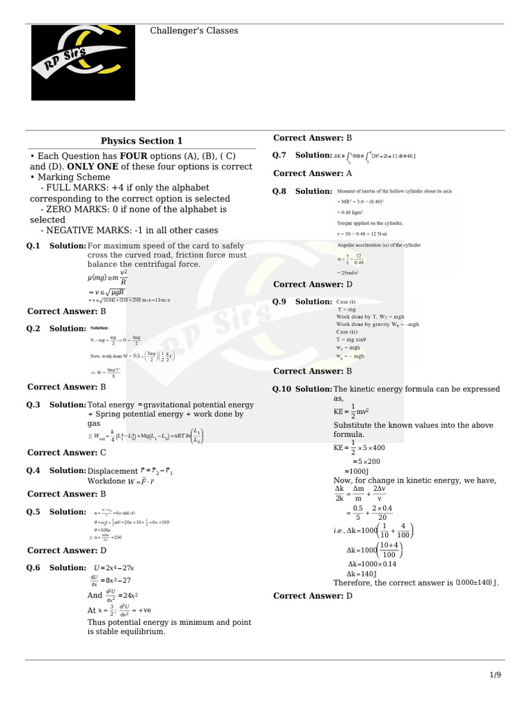 Physics and Chemistry Exam Solutions | PDF | Classical Mechanics ...