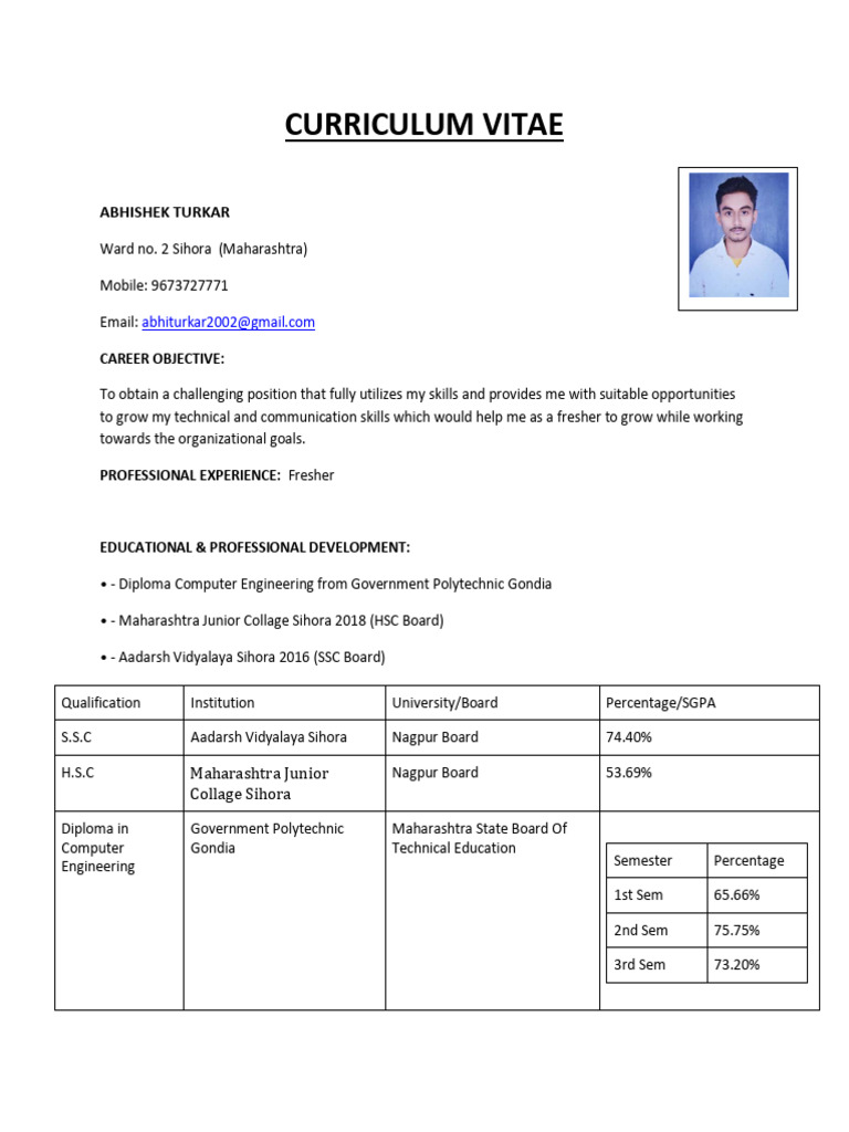 Abhishek Turkar's CV - Computer Engineer | PDF