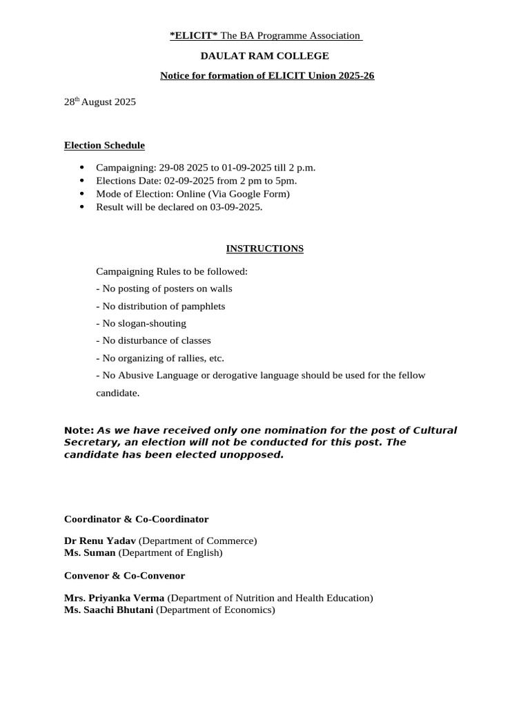 ELICIT Union Election Notice 2025-26 | PDF