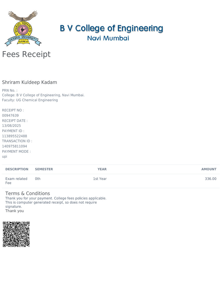 B V College Engineering Fees Receipt | PDF