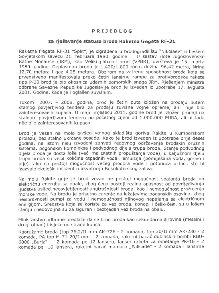 Za Rjesavanje Statusa Broda Raketna Fregata RF-31: Prijedlog | PDF