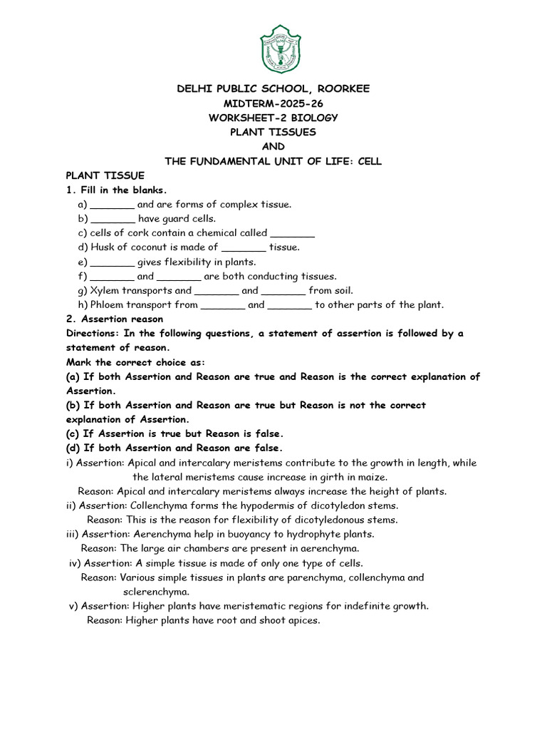 Plant Tissues and Cell Structure Worksheet | PDF | Tissue (Biology ...