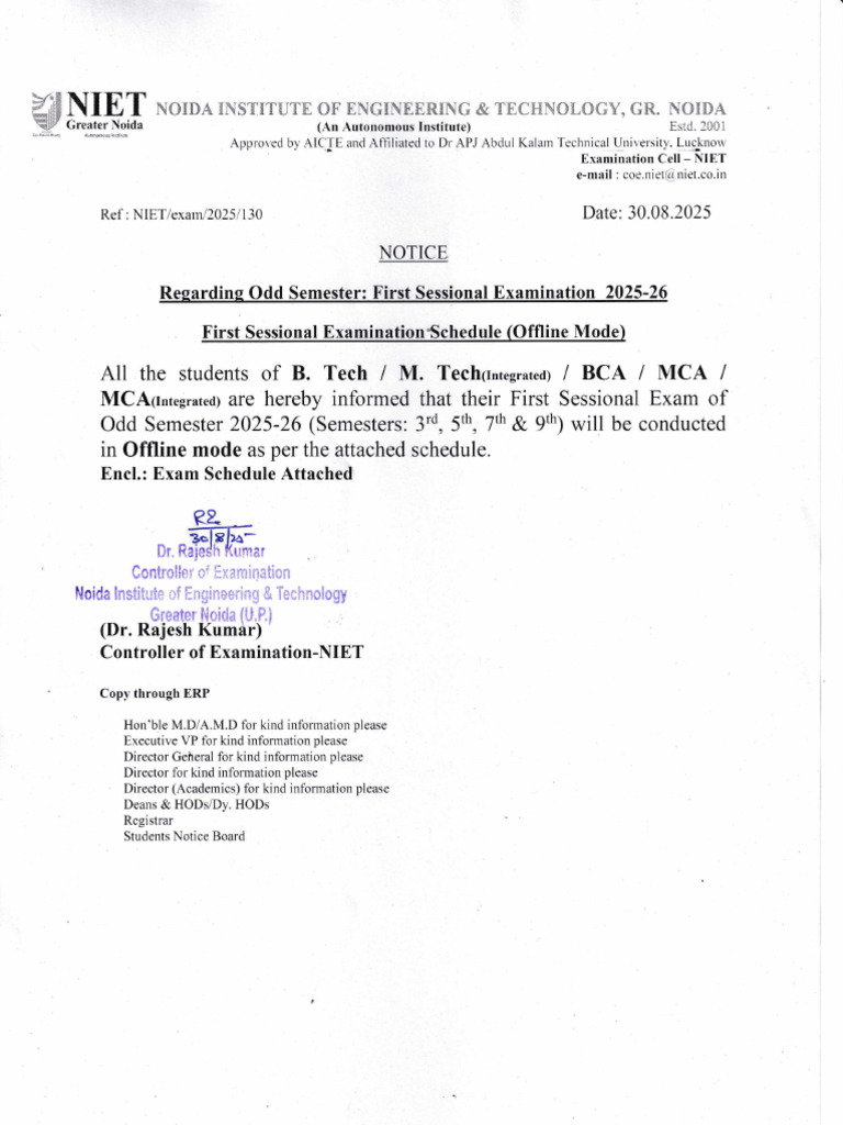First Sessional Exam Schedule 2025-26 | PDF