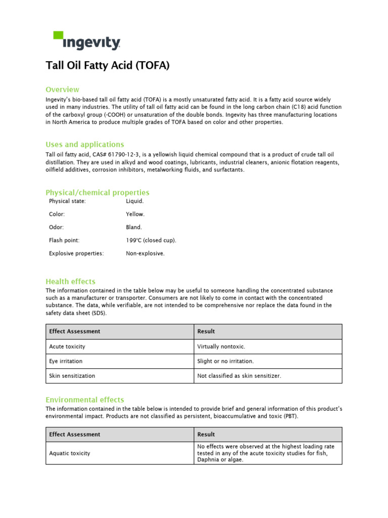 Overview of Tall Oil Fatty Acid (TOFA) | PDF | Toxicity | Fatty Acid