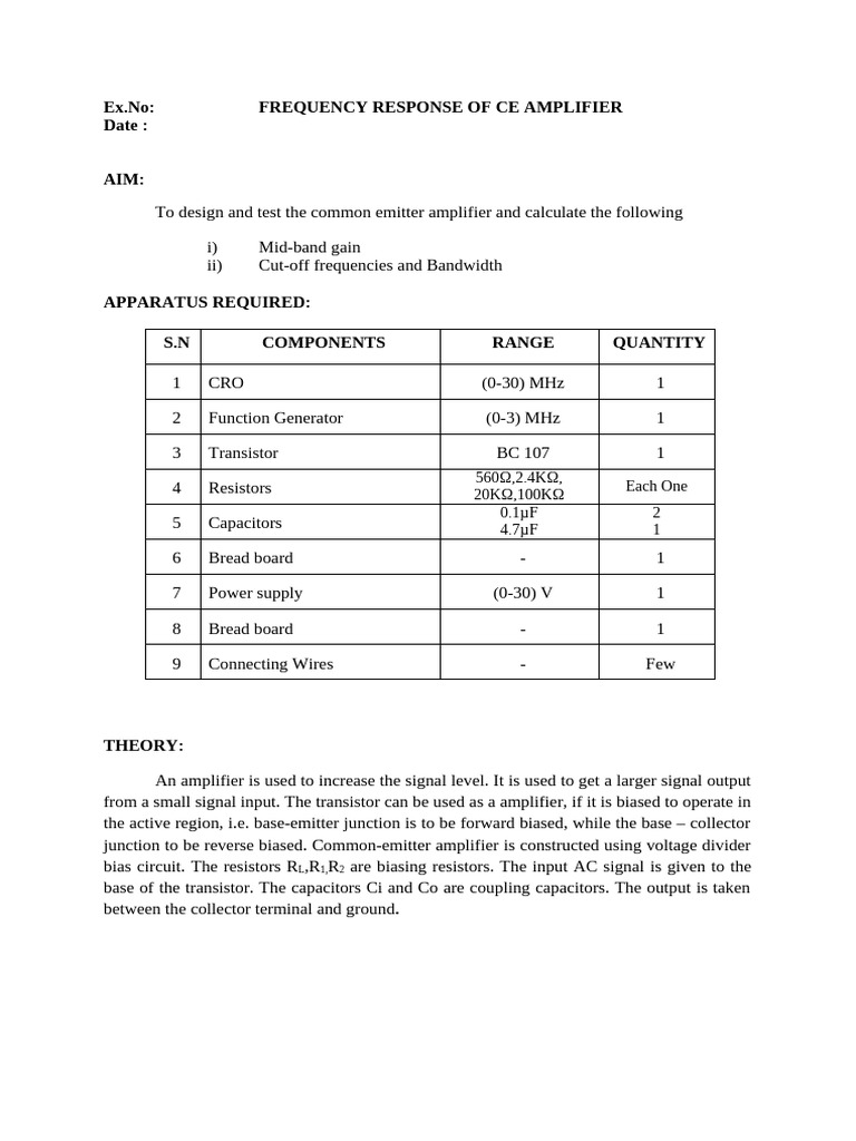 Expt 3 (A) CE Amplifier | PDF | Amplifier | Electrical Engineering