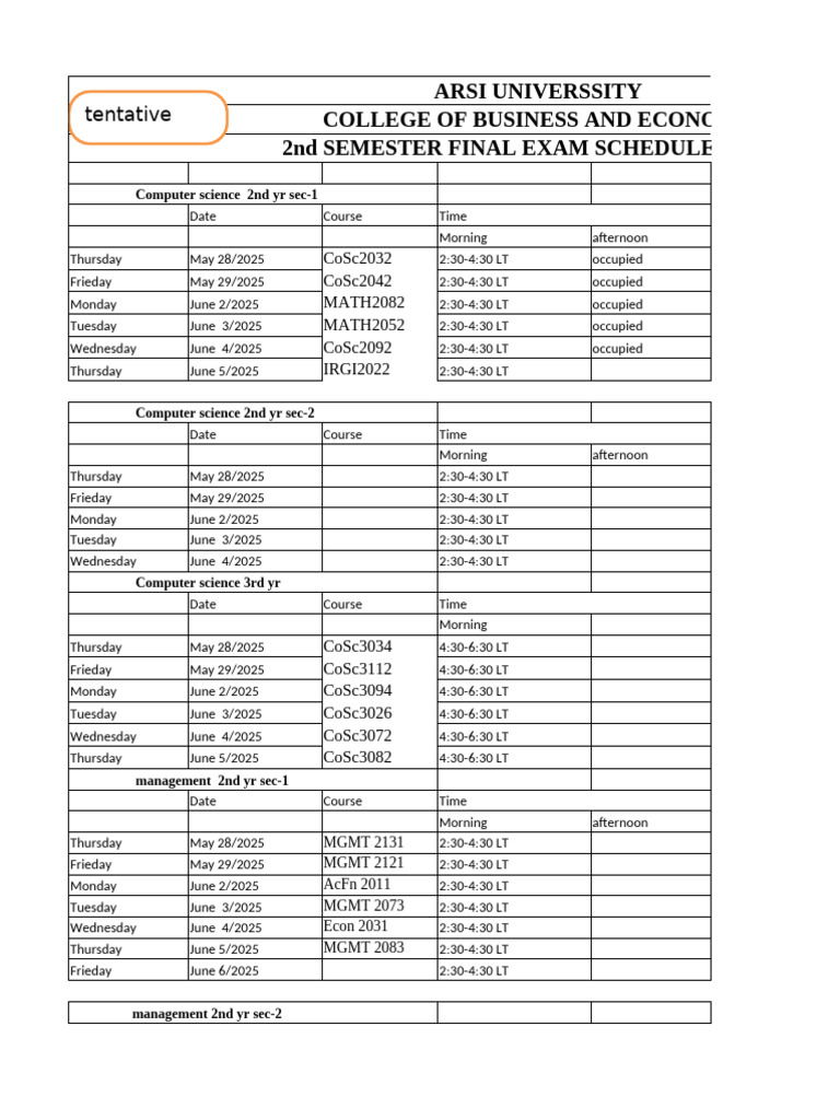 CBE 2nd & 3rd Year 2nd Semister Final Exam Schedule of 2017 1 | PDF ...