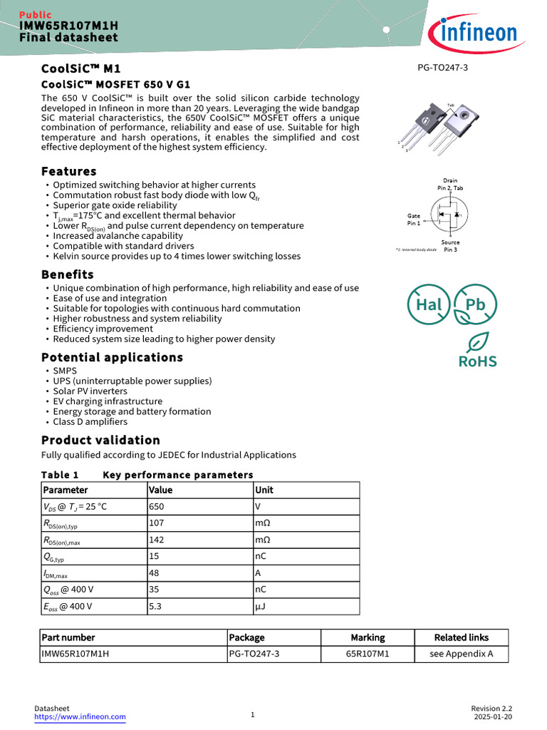 CoolSiC™ 650V MOSFET IMW65R107M1H Datasheet | PDF | Electricity ...