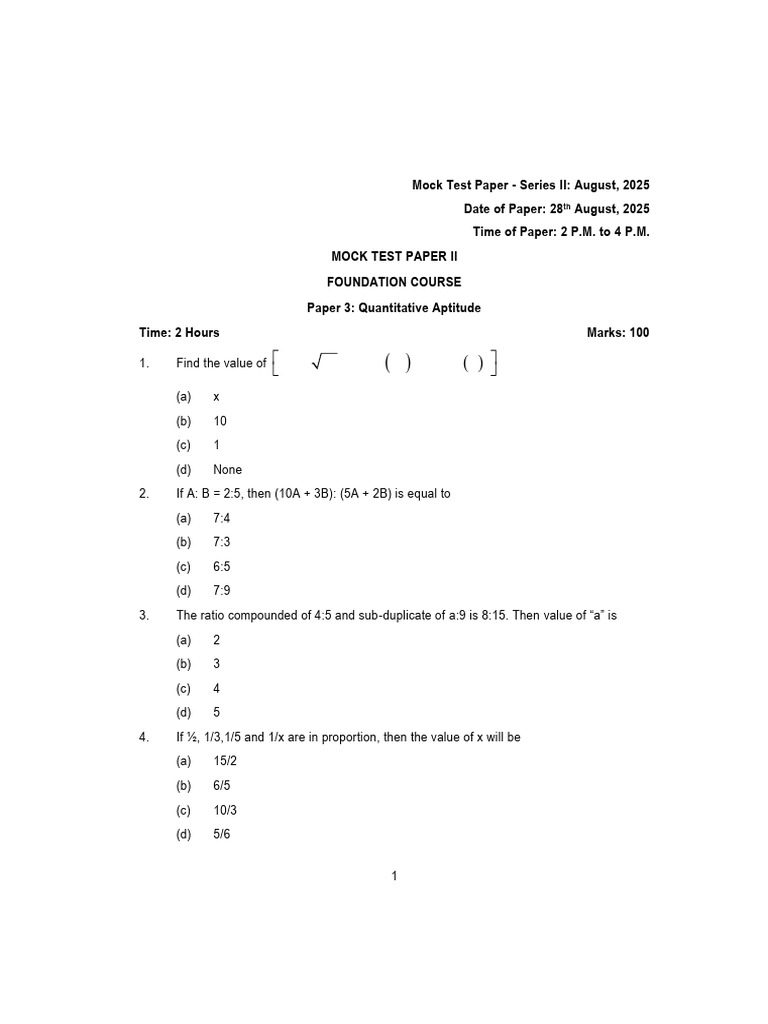 Mock Test Paper II: Quantitative Aptitude | PDF | Variance | Mean