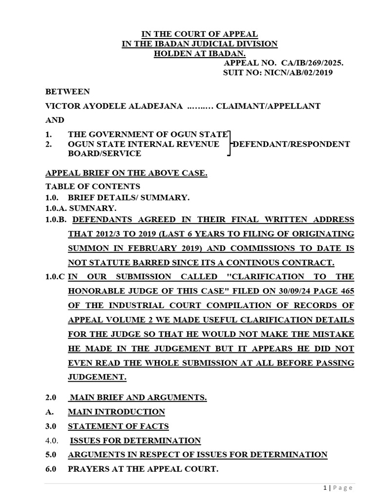 Aladejana Brief of Arguments PDF | PDF | Judgment (Law) | Evidence (Law)
