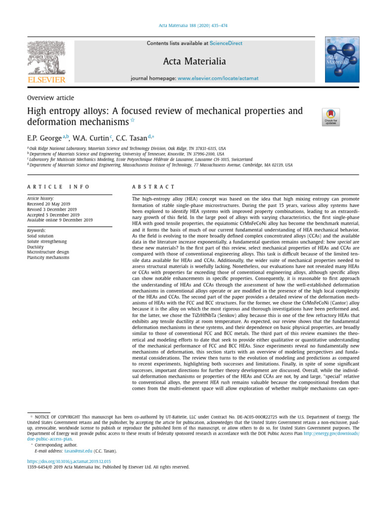 High Entropy Alloys: Mechanical Properties Review | PDF | Strength Of ...