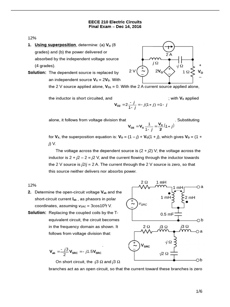 EECE 210 Electric Circuits Final Exam Solutions | PDF | Electrical ...