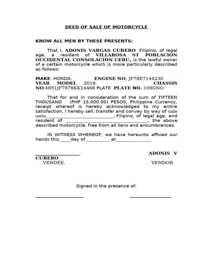Motorcycle Sale Deed Template | PDF