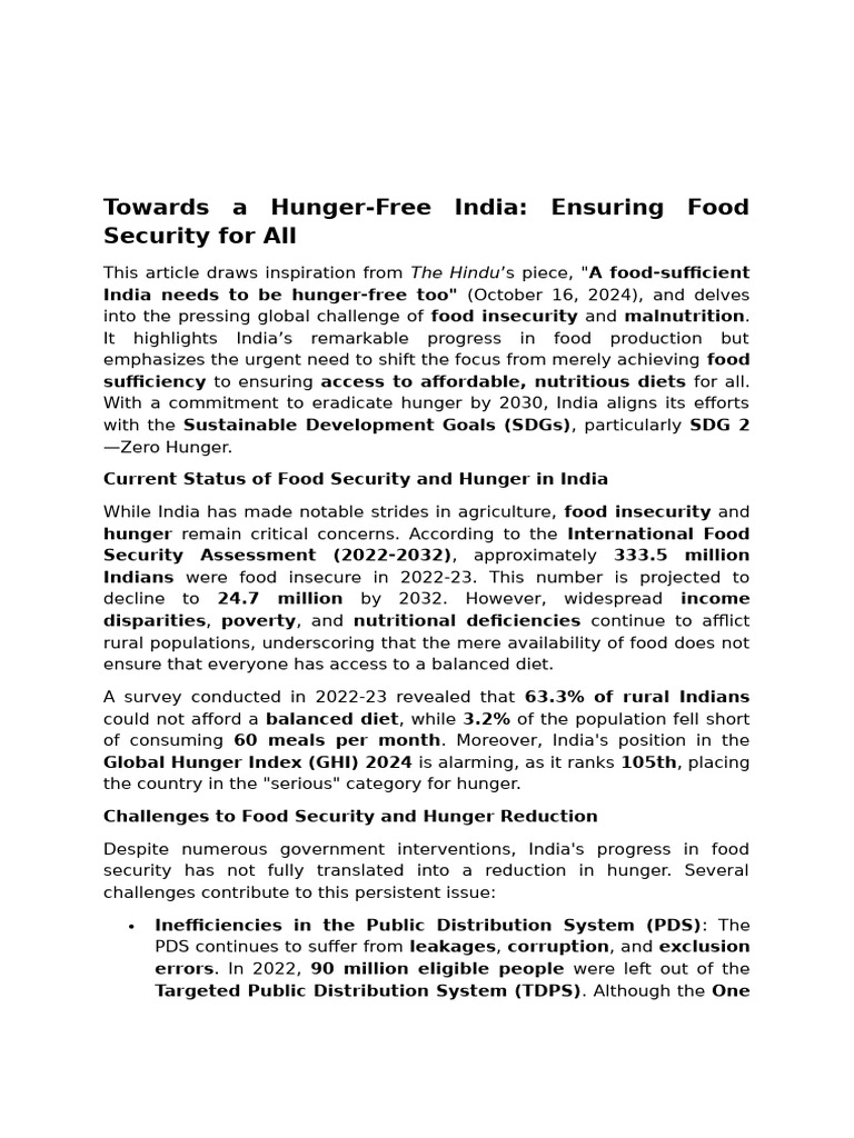 Hunger-Free India: Food Security Strategies | PDF | Food Security | Hunger