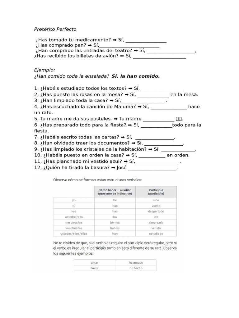 Ejercicios de Pretérito Perfecto | PDF