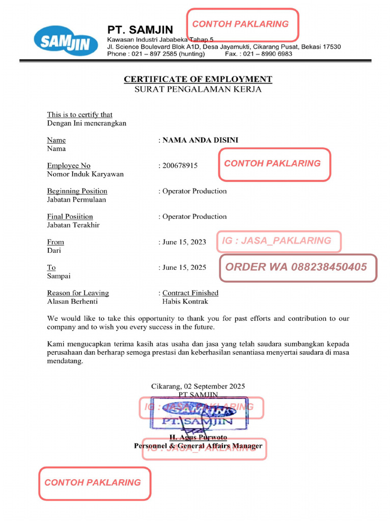 PT Samjin Contoh Paklaring | PDF