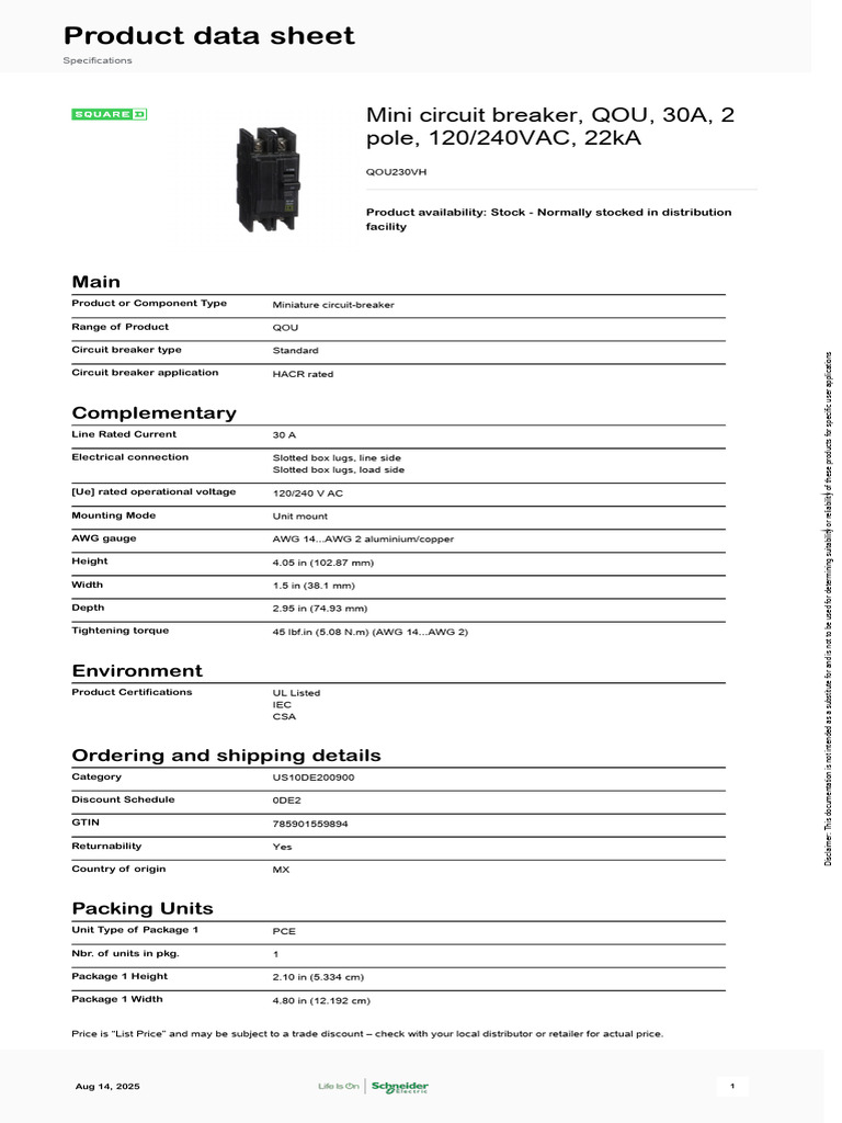 Schneider Electric QOU Unit Mount Circuit Breakers QOU230VH | PDF ...