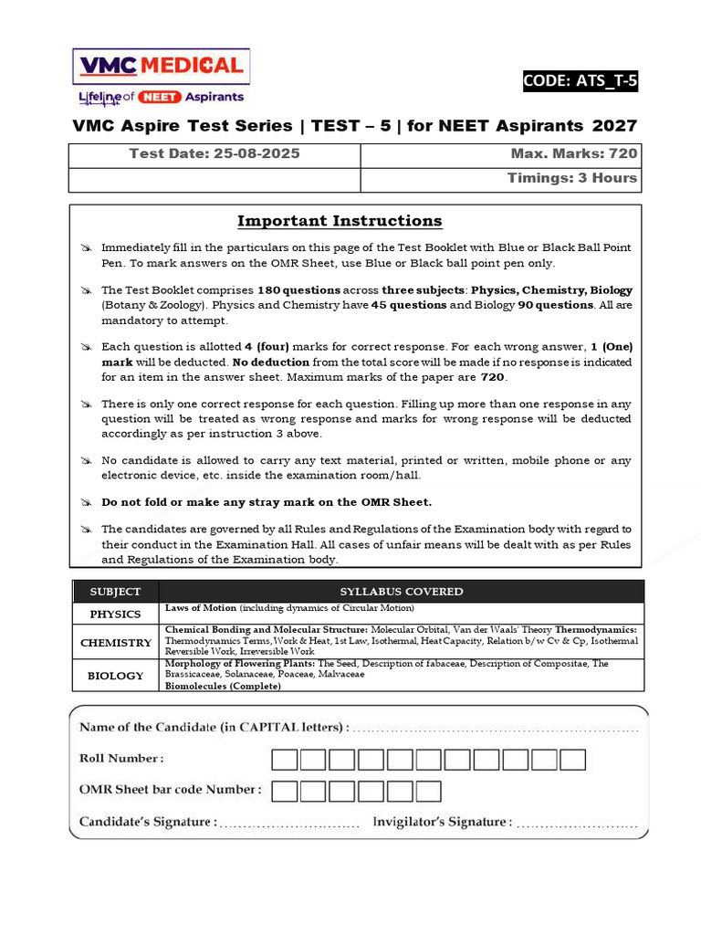 NEET 2027 Aspire Test Series - Test 5 | PDF | Force | Friction