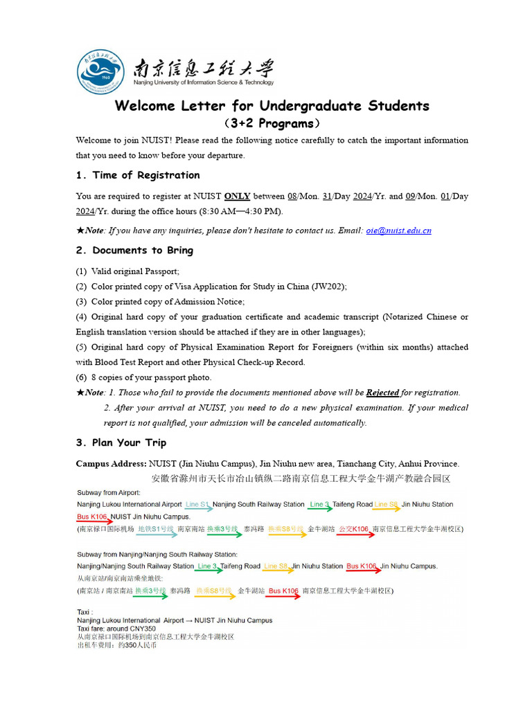 NUIST Welcome Letter for Students | PDF | Dormitory