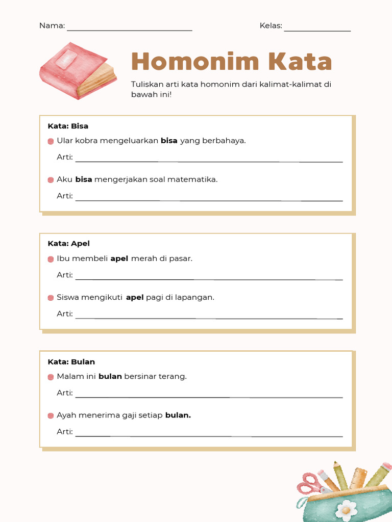 Homonim Kata Lembar Kerja Coklat Pink Cat Air | PDF
