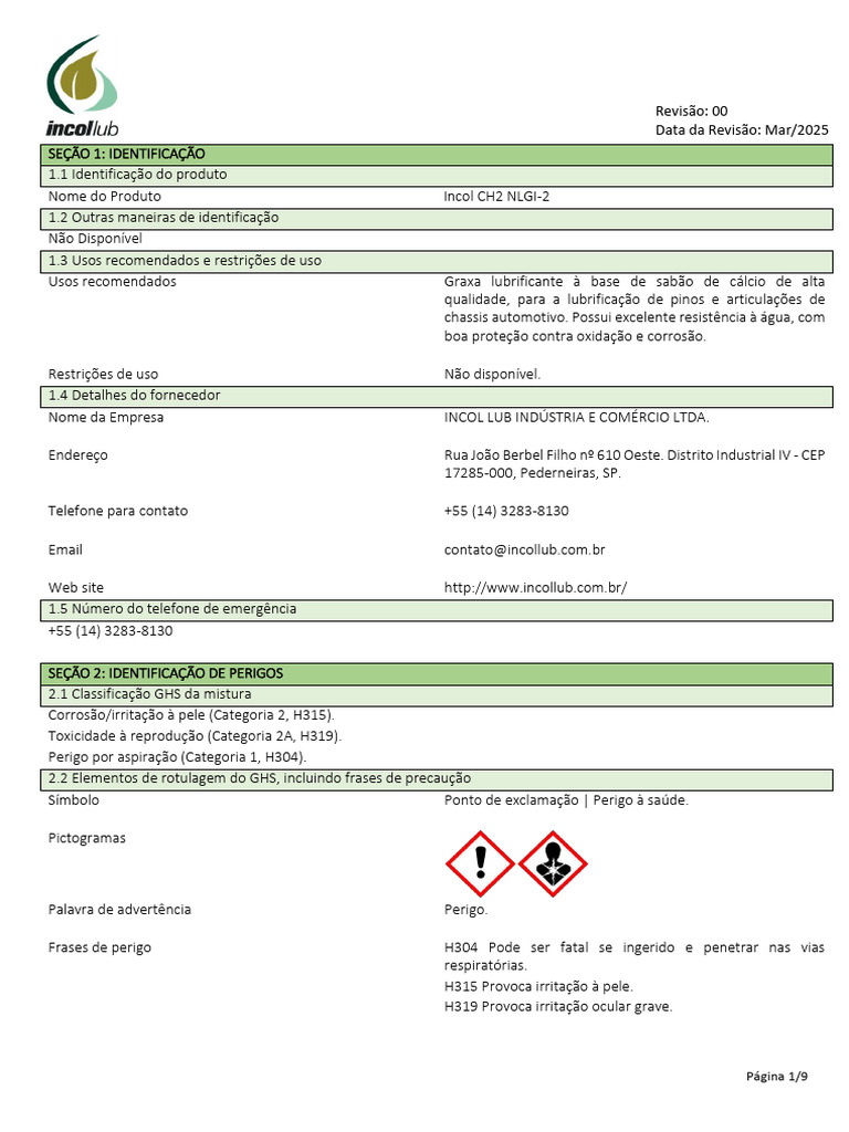 Ficha de Segurança Incol CH2 NLGI-2 | PDF | Vapor | Toxicidade
