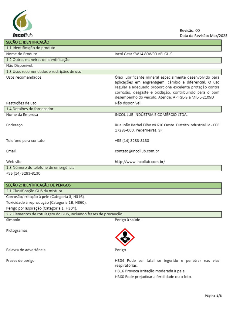 Ficha de Segurança Incol Gear SW14 80W90 | PDF | Vapor | Gases