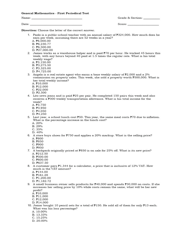 General Mathematics Test Questions | PDF | Interest | Summation