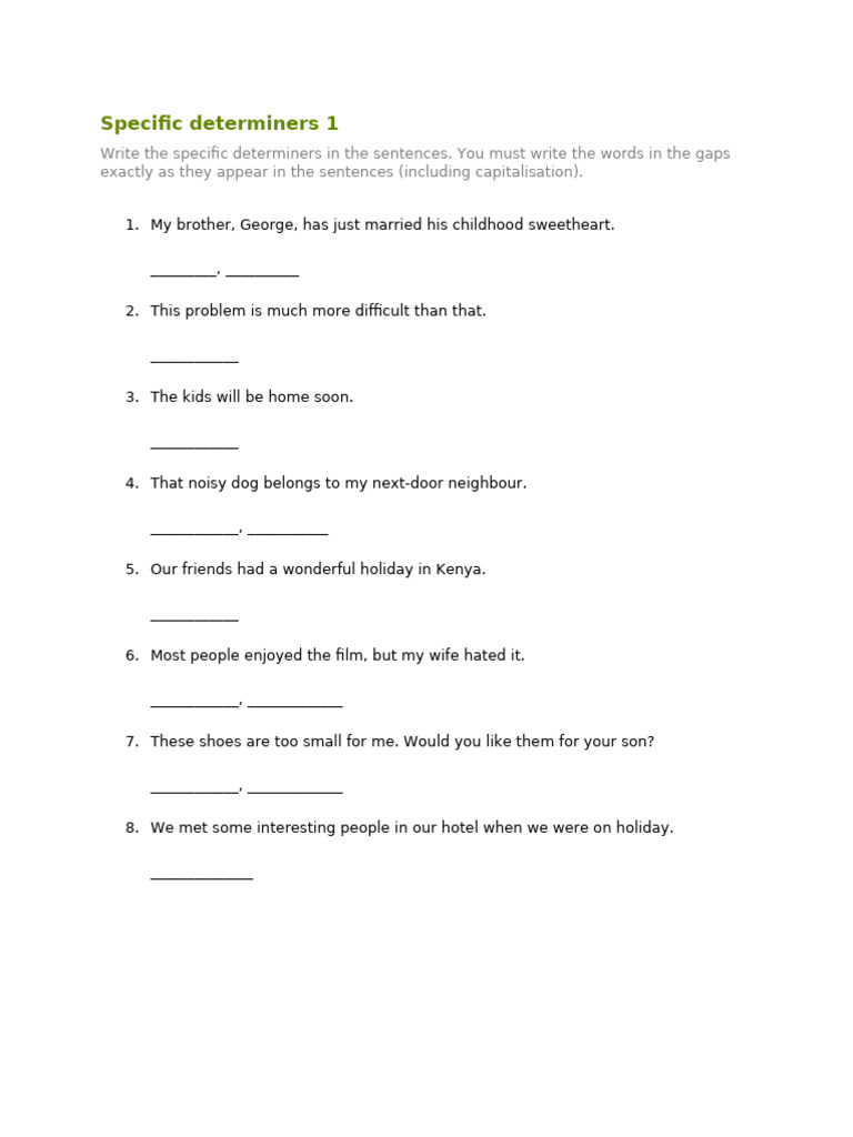 Specific Determiners Exercise Guide | PDF