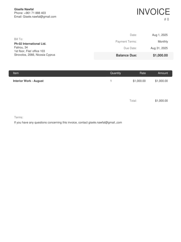 Invoice #8 for Interior Work - August | PDF