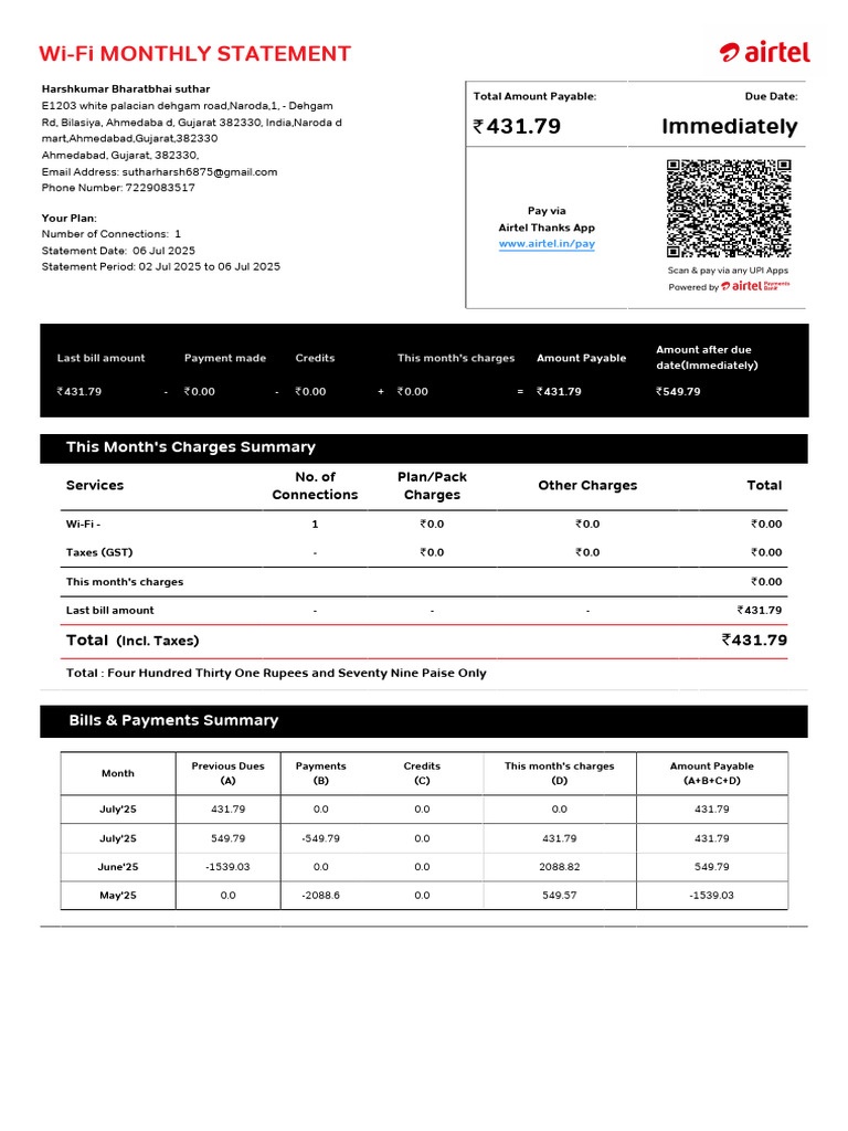 Wi-Fi Monthly Statement: 431.79 Immediately | PDF | Payments