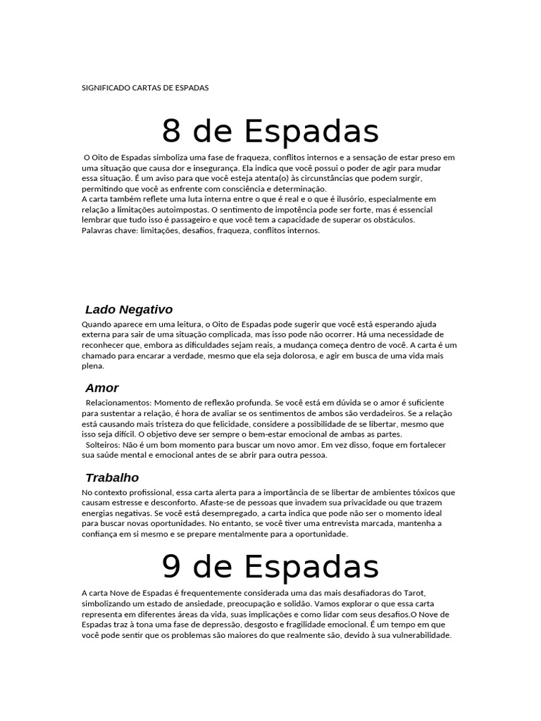 Significado das Cartas de Espadas no Tarot | PDF | Amor | Solidão