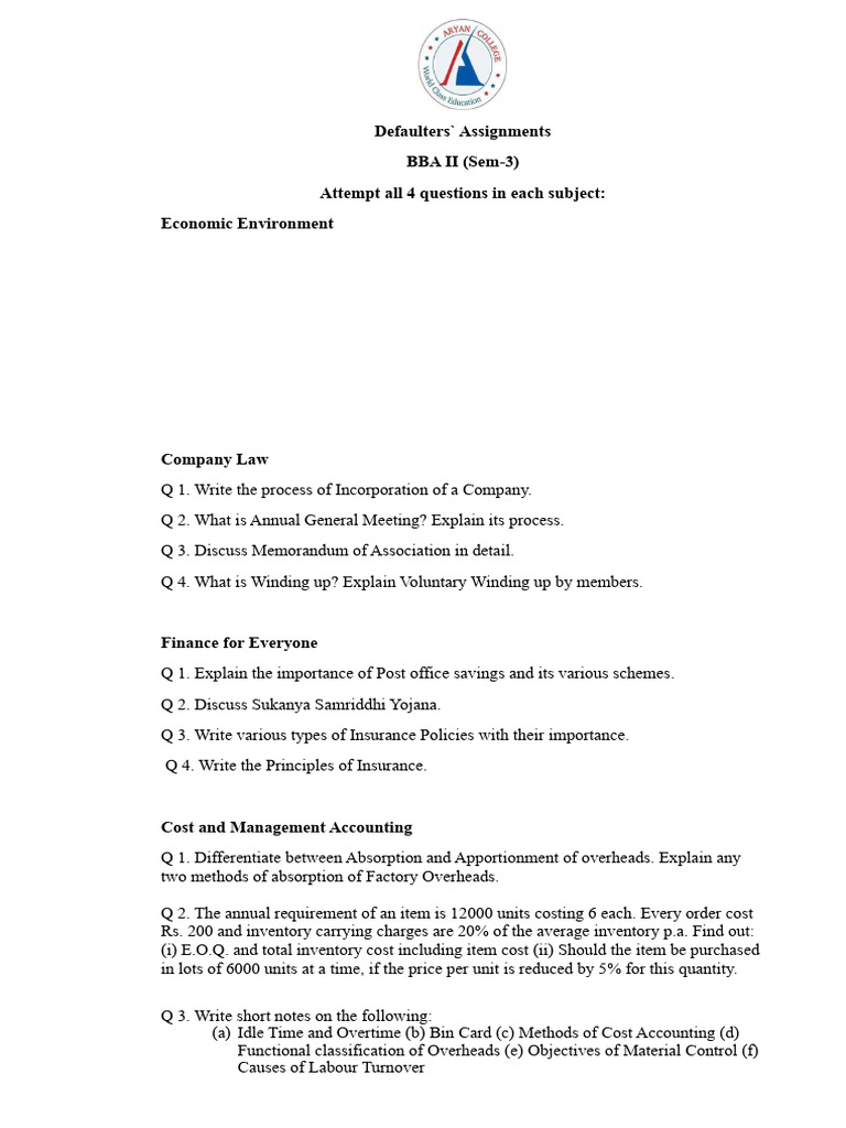 Defaulters' Assignments BBA 2 | PDF | Economics | Cost