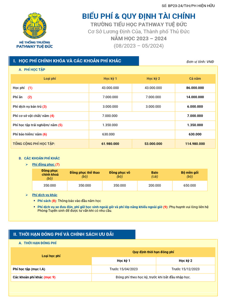 TiH-LĐC-PHHH-BIỂU PHÍ TIH - 23-24 | PDF