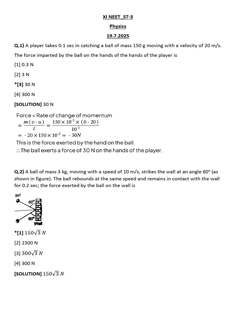 NEET Physics Force and Motion Problems | PDF | Force | Newton's Laws Of ...