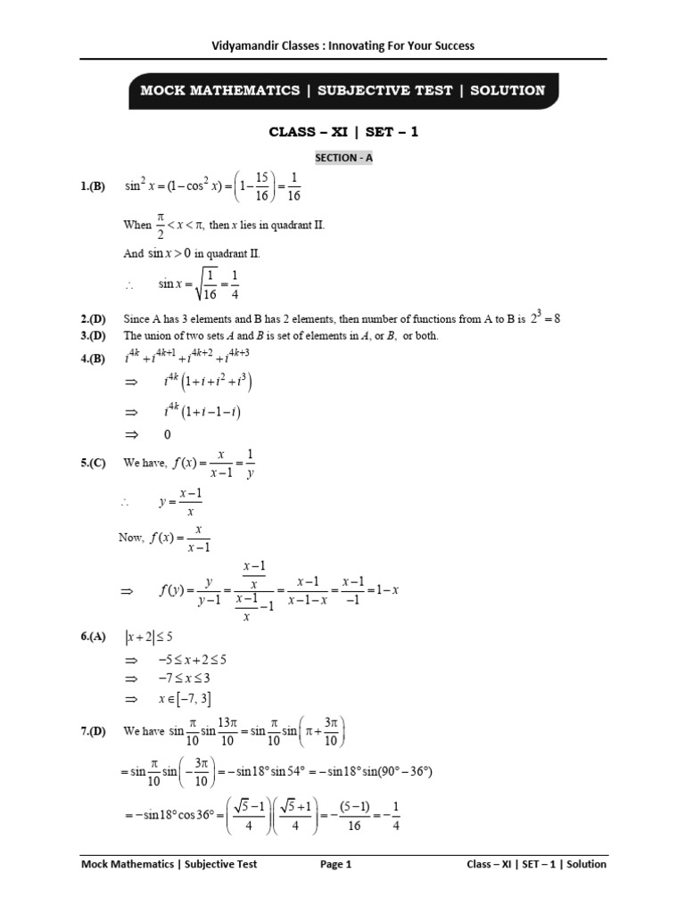 Class XI Mock Mathematics Solutions | PDF | Function (Mathematics ...