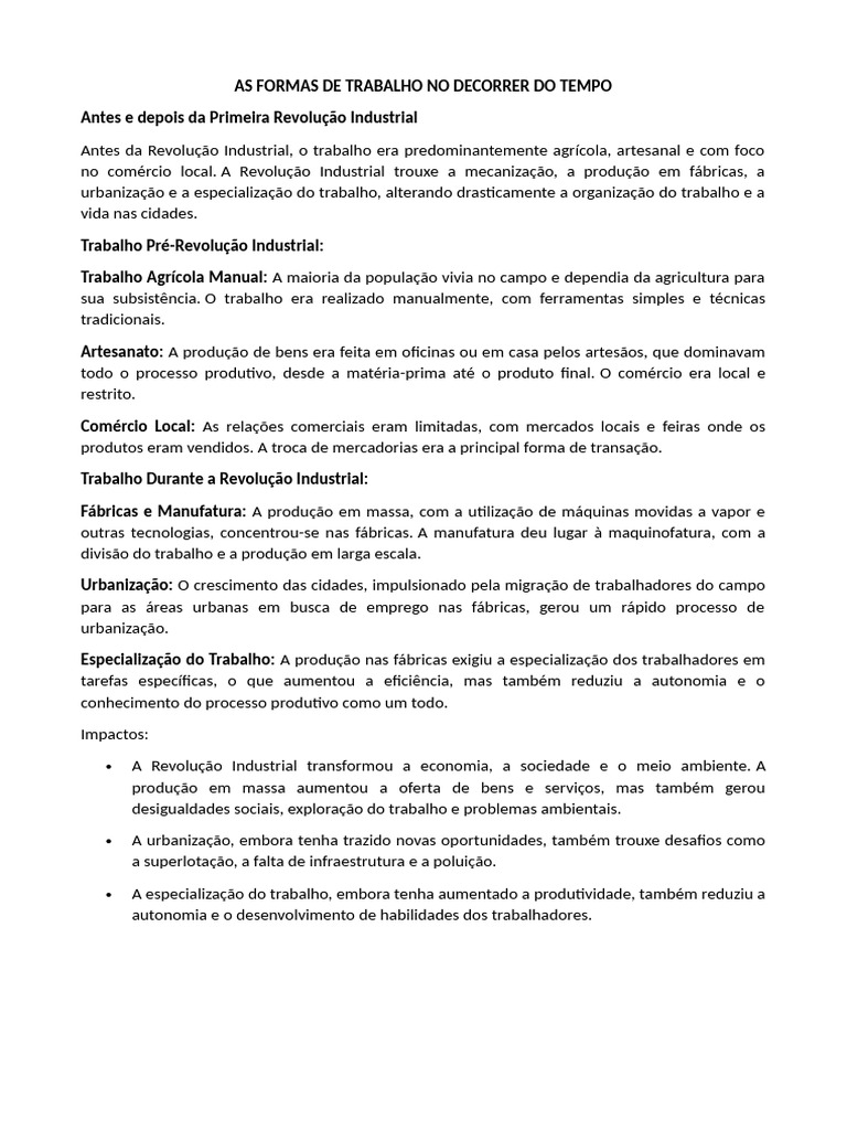 Evolução do Trabalho: Pré e Pós Revolução Industrial | PDF