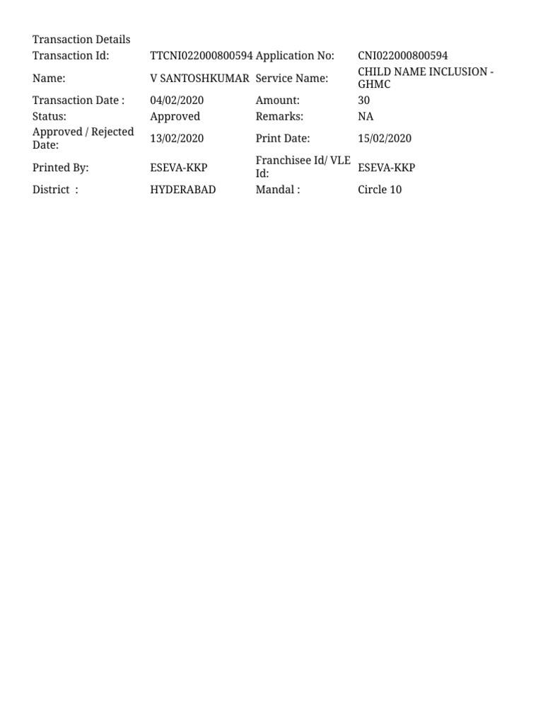 GHMC Child Name Inclusion Transaction | PDF