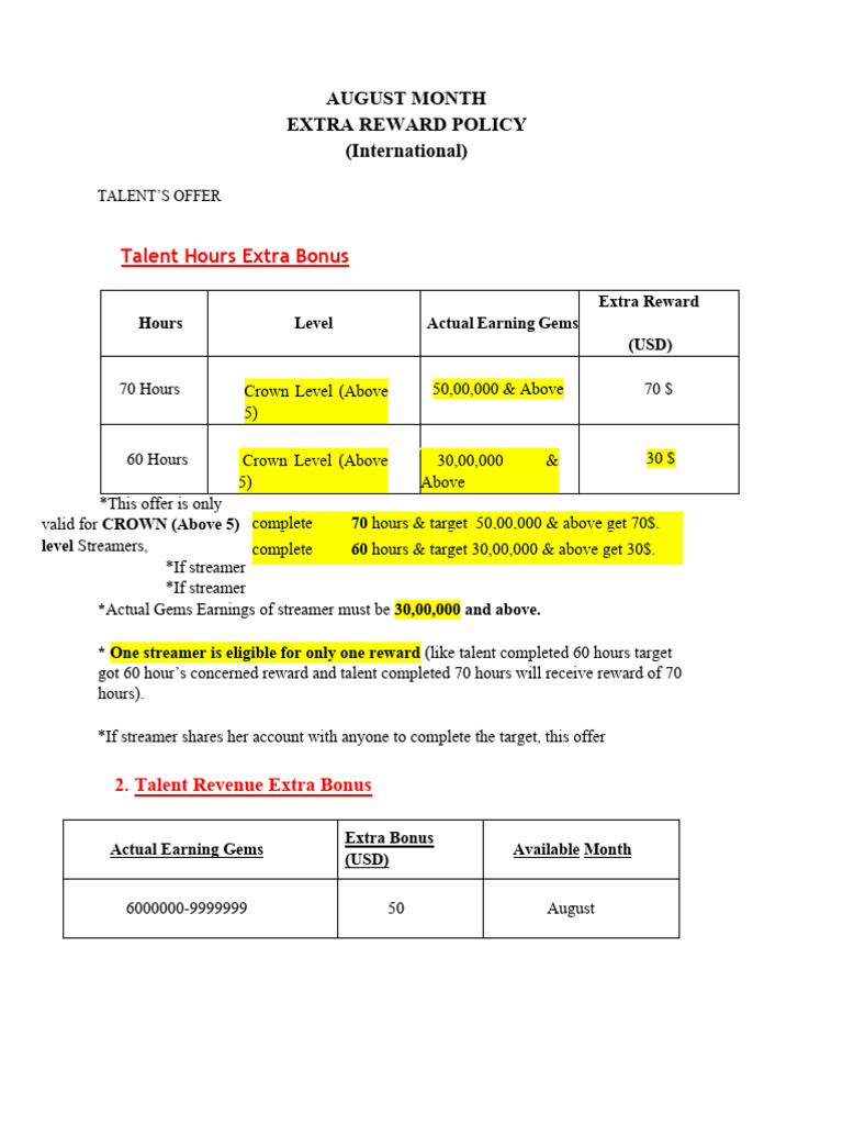 August Month Extra Reward Policy ($) Revised | PDF