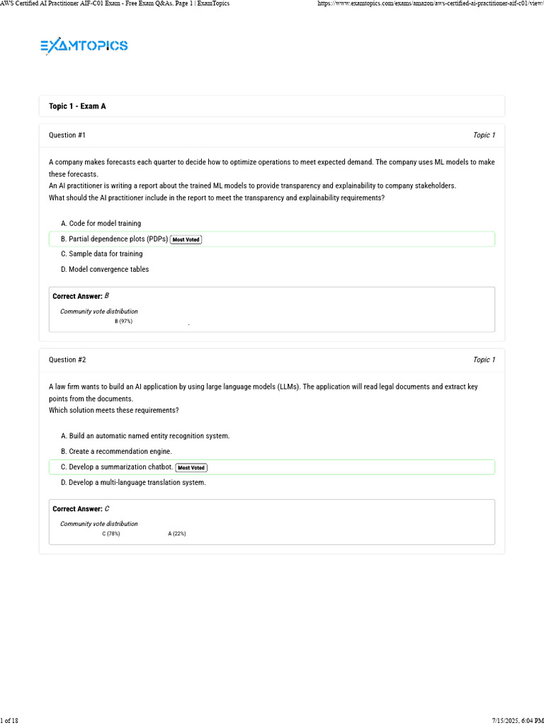 AWS Certified AI Practitioner Exam Q&As | PDF | Artificial Intelligence ...