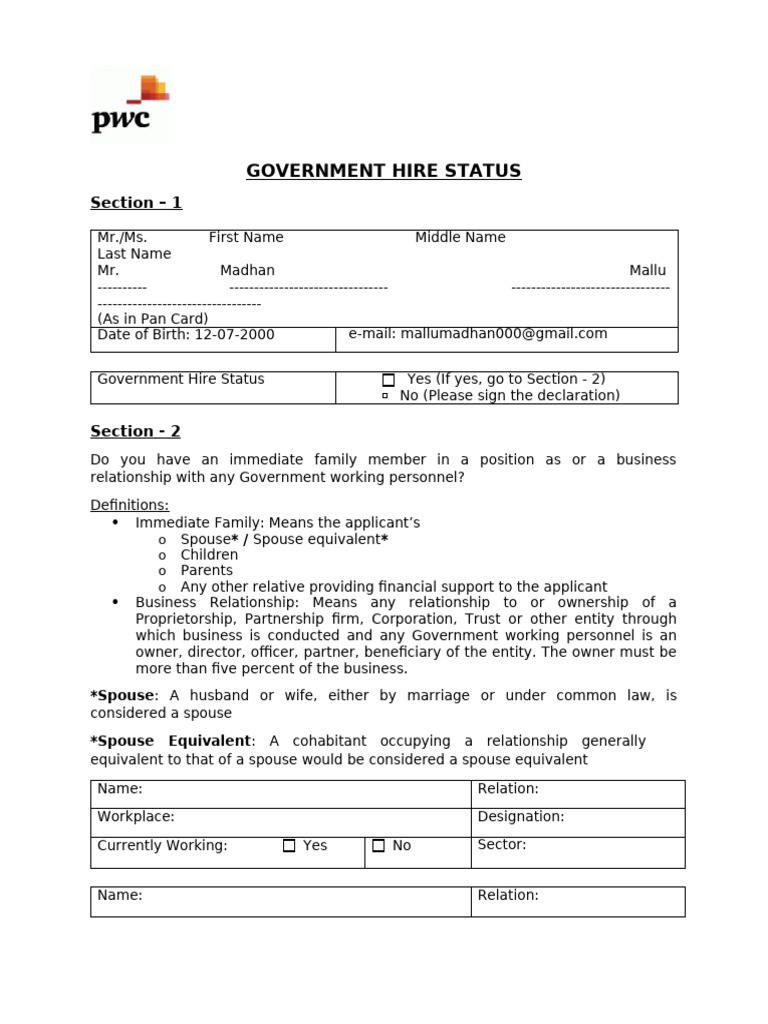 Government Hire Status Declaration Form | PDF | Social Institutions ...